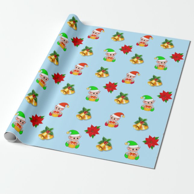 Christmas bells, poinsettia and cute elf ornament wrapping paper (Unrolled)