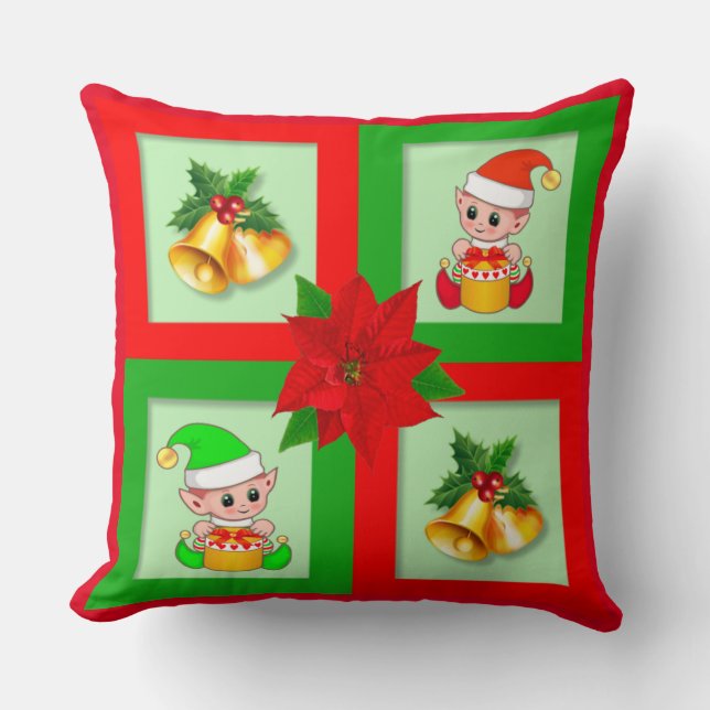Christmas bells, poinsettia, elf on green & red throw pillow (Front)