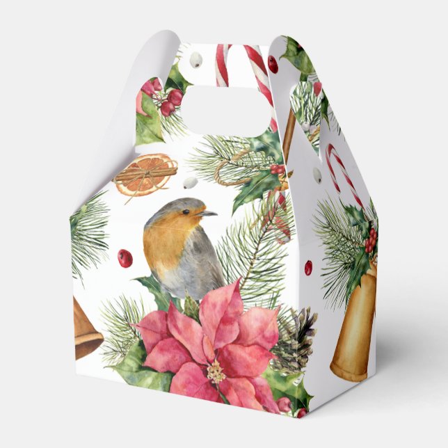 Christmas bells, poinsettia, robin, candy canes favor boxes (Front Side)