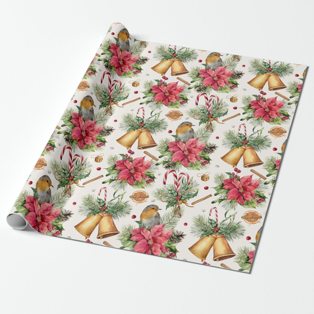 Christmas bells, poinsettia, robin, candy canes wrapping paper Zazzle
