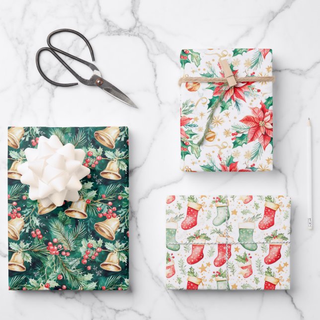Christmas Bells, Poinsettias and Stockings Wrapping Paper Sheets (Front)