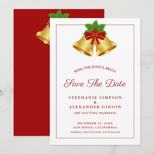Christmas Bells Red Berries Holiday Wedding Save The Date (Front/Back)
