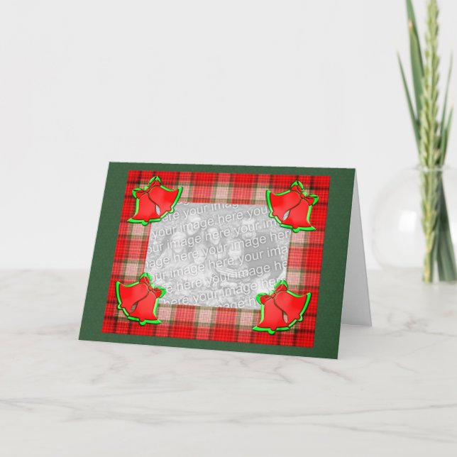 Christmas Bells Red Plaid Holiday Photo Card (Front)