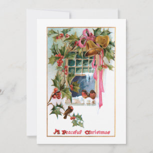 Christmas Bells, Ribbon, Holly & Birds at Window Holiday Card
