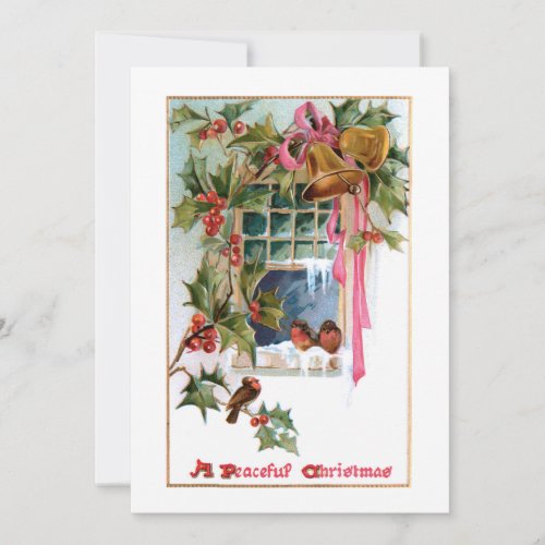 Christmas Bells Ribbon Holly  Birds at Window Holiday Card