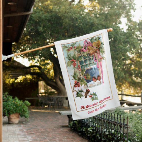 Christmas Bells Ribbon Holly  Birds at Window House Flag