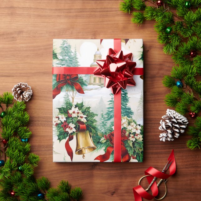 Christmas Bells Ribbon Poinsettia Flower Wrapping Paper (Holiday Gift)