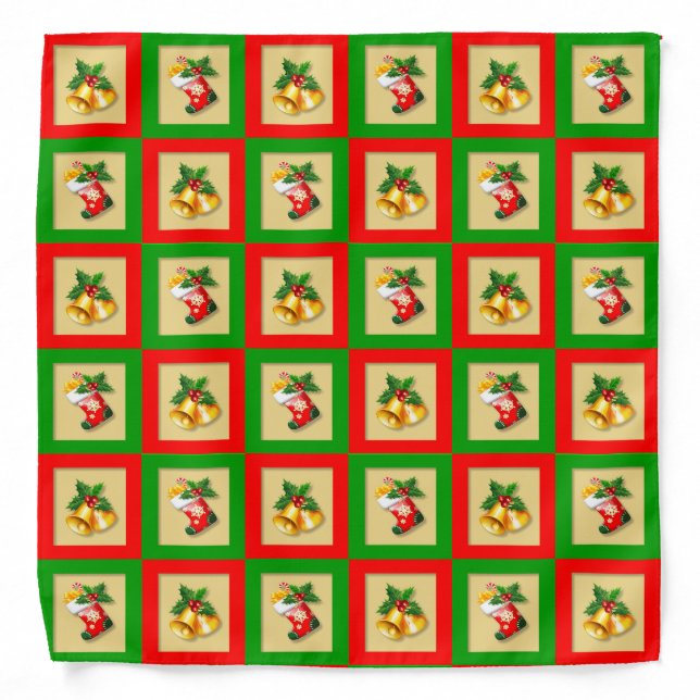 Christmas bells & stockings on golden beige bandana (Front)