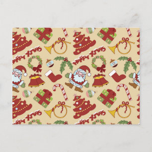 Christmas bells,tree and santa claus postcard