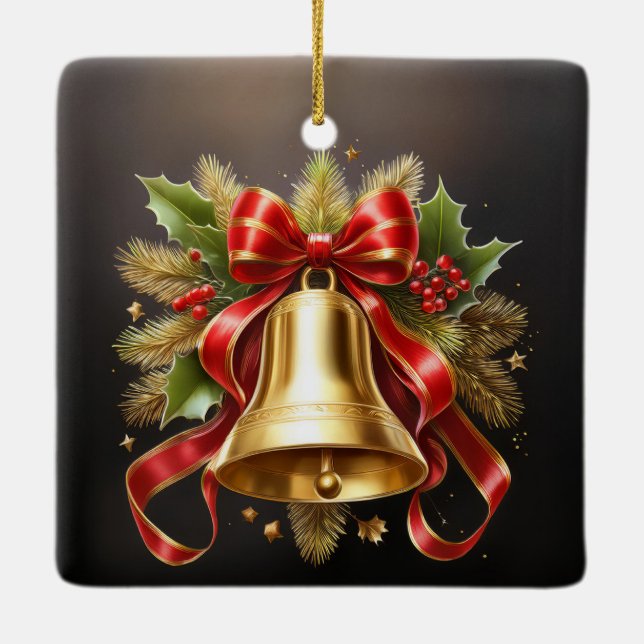 Christmas Bells With Garnish And Ribbon Ceramic Ornament (Back)