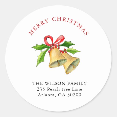 Christmas Bells with Red Bow Address Classic Round Sticker