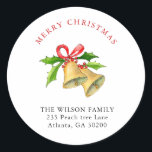 Christmas Bells with Red Bow Address Classic Round Sticker<br><div class="desc">Elegant & classic return address holiday stickers featuring Hand- painted Watercolor bells with red bow and berries.</div>