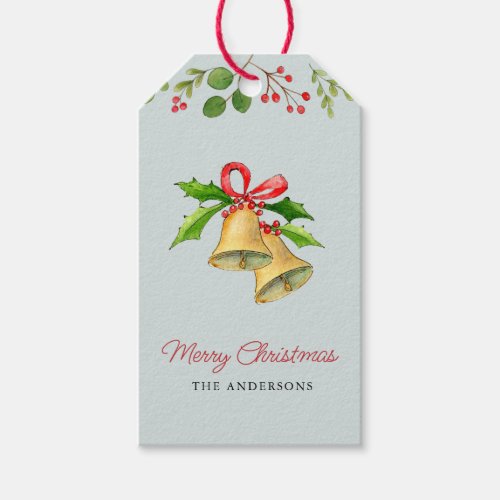 Christmas Bells with Red Bow on Blue Gift Tags
