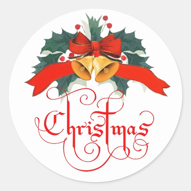 Christmas Bells with red text Classic Round Sticker (Front)