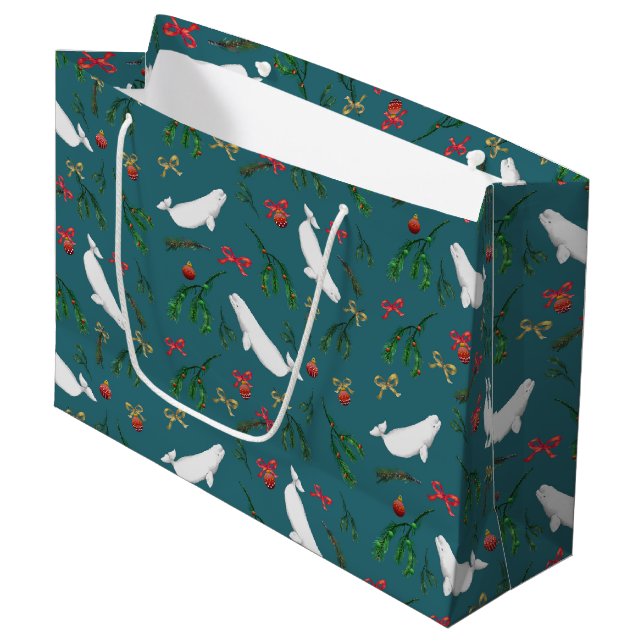 Christmas Beluga Whale Illustration Pattern Large Gift Bag (Front Angled)