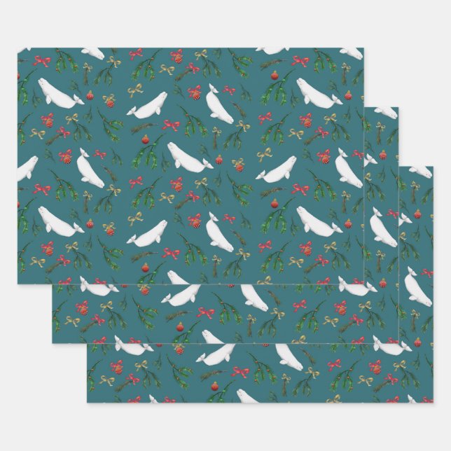 Christmas Beluga Whale Illustration Pattern Wrapping Paper Sheets (Set)