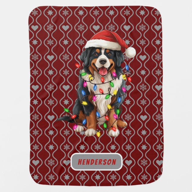Christmas Bernese Dog Santa Customized Name Baby Blanket (Front)