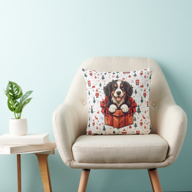 Christmas Bernese Mountain Dog Gift Box Throw Pillow (Chair)