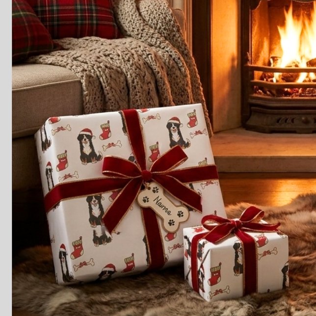 Christmas Bernese Mountain Dog Santa Hat Pattern Wrapping Paper Sheets (berese dog christmas pattern wrapping paper sheets)