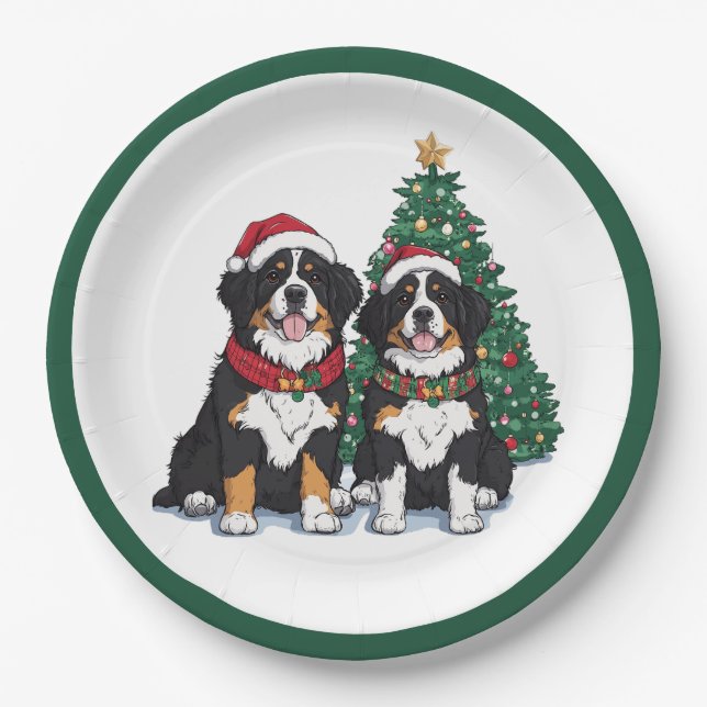 Christmas Bernese Mountain Dogs Paper Plates (Front)