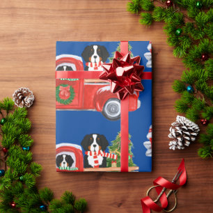 Christmas Bernese Mountain Dogs Red Truck Blue Wrapping Paper