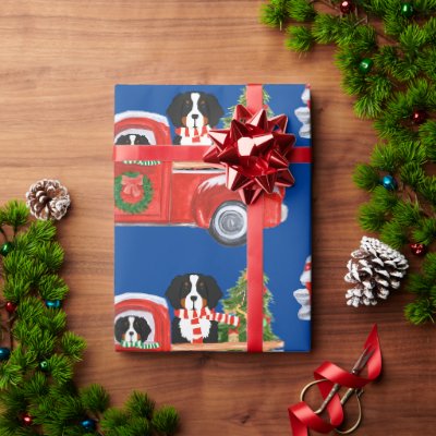 Christmas Bernese Mountain Dogs Red Truck Blue Wrapping Paper