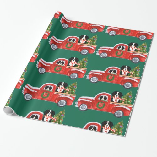 Christmas Bernese Mountain Dogs Red Truck Wrapping Paper
