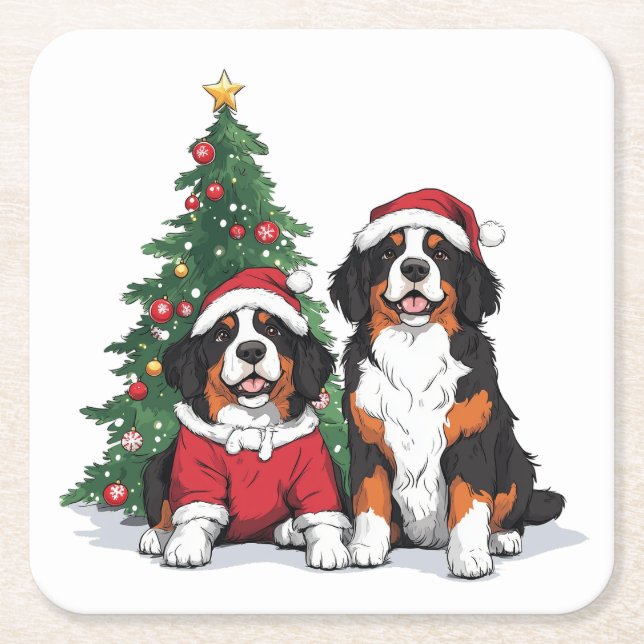 Christmas Bernese Mountain Dogs Square Paper Coaster (Front)