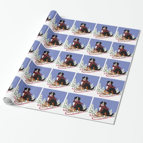 Christmas Bernese Mt Dog Sledding Wrapping Paper