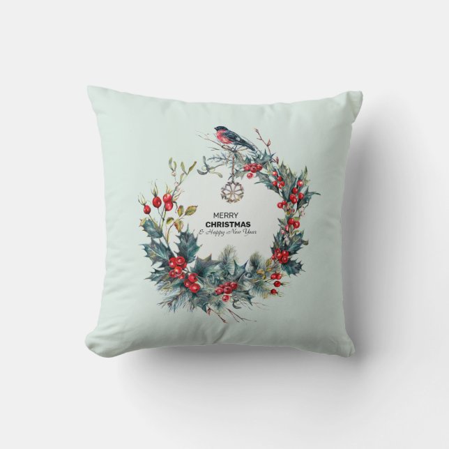Christmas berries and bullfinch wreath throw pillow (Front)