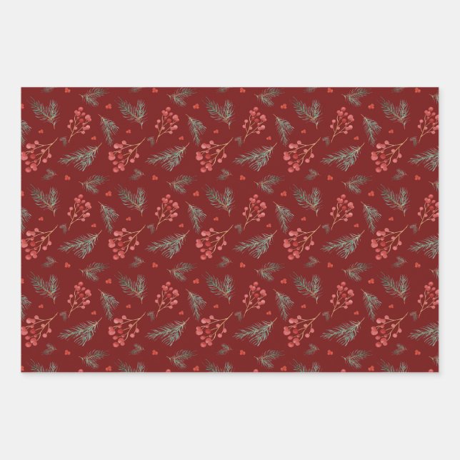 Christmas Berries and Pine Branches  Wrapping Paper Sheets (Front)