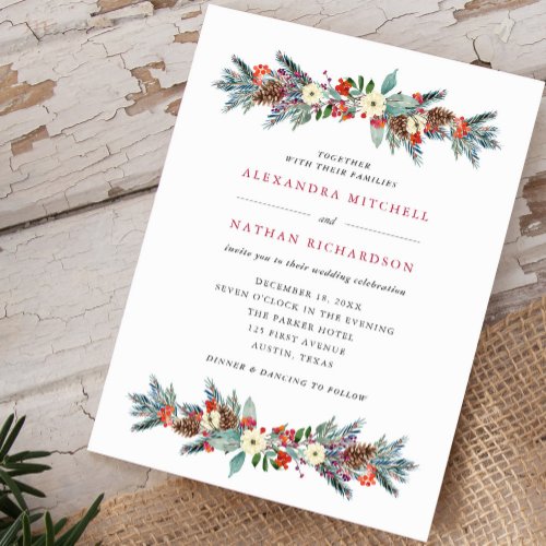 Christmas Berries and Pine  Holiday Wedding Invitation