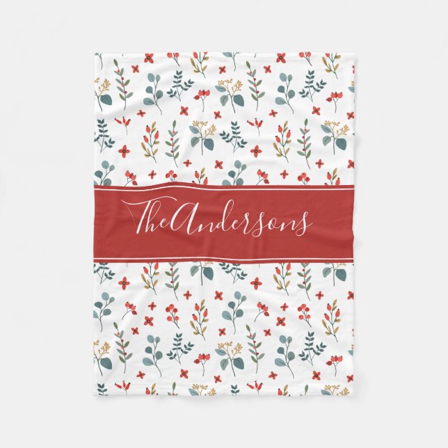 Christmas Berries Botanical Floral Personalized Fleece Blanket (Front)