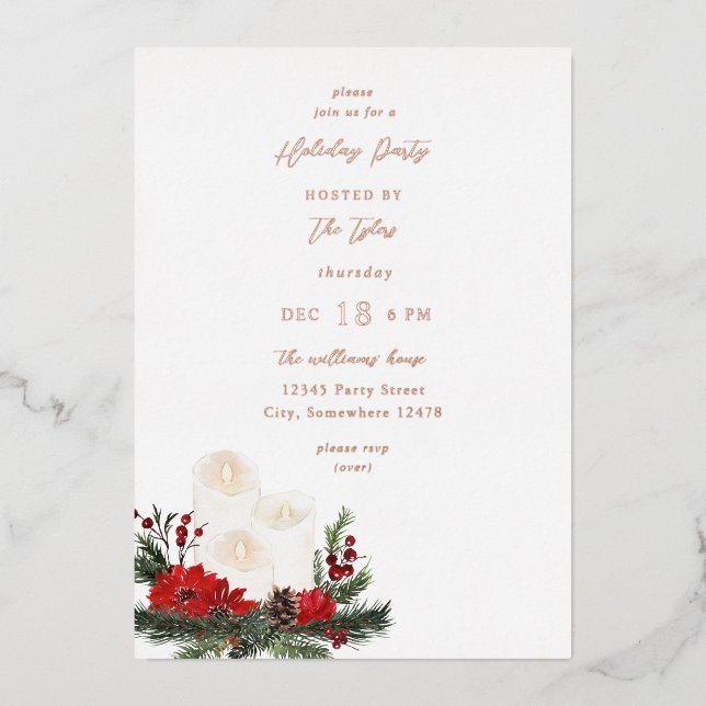 Christmas Berries & Candle Holiday Christmas Party Foil Invitation (Front)