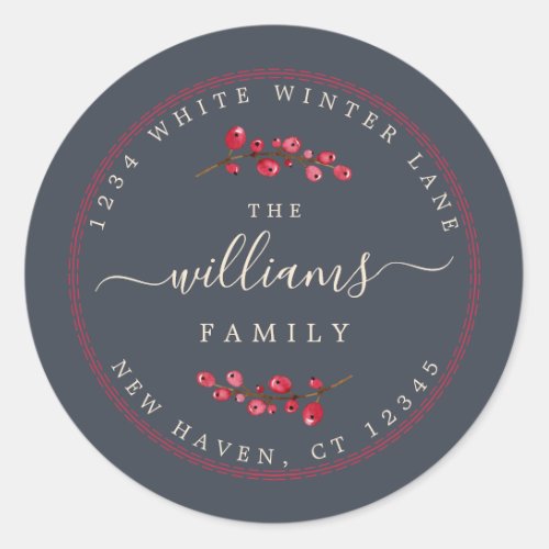 Christmas Berries Dark Blue Family Return Address Classic Round Sticker