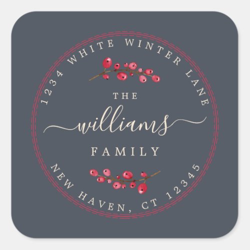 Christmas Berries Dark Blue Family Return Address Square Sticker