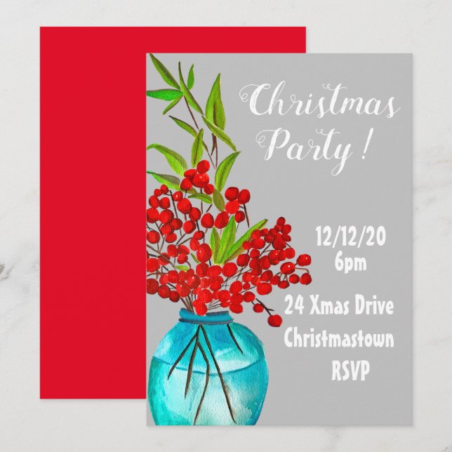 Christmas Berries elegant Christmas party Invitation (Front/Back)