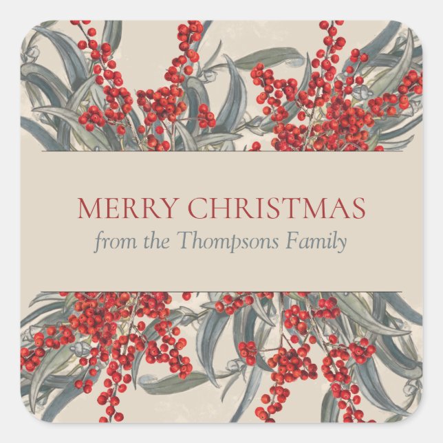 Christmas Berries & Eucalyptus Botanical Foliage Square Sticker (Front)