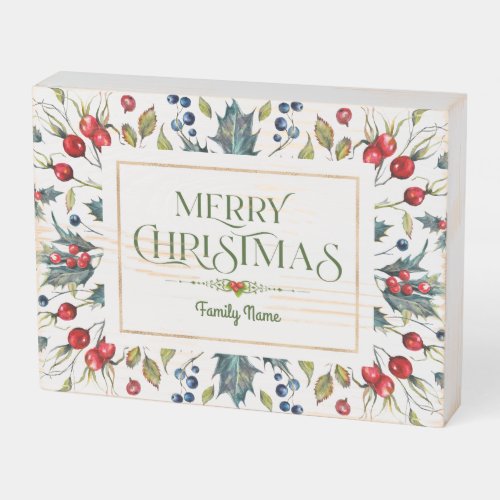 Christmas berries frame Merry Christmas typography Wooden Box Sign