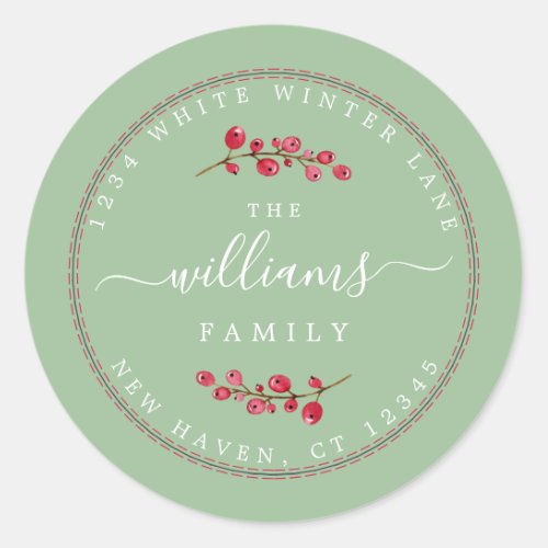 Christmas Berries Green Family Return Address Classic Round Sticker
