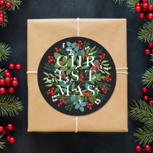 CHRISTMAS Berries Greenery Holiday Black Classic Round Sticker
