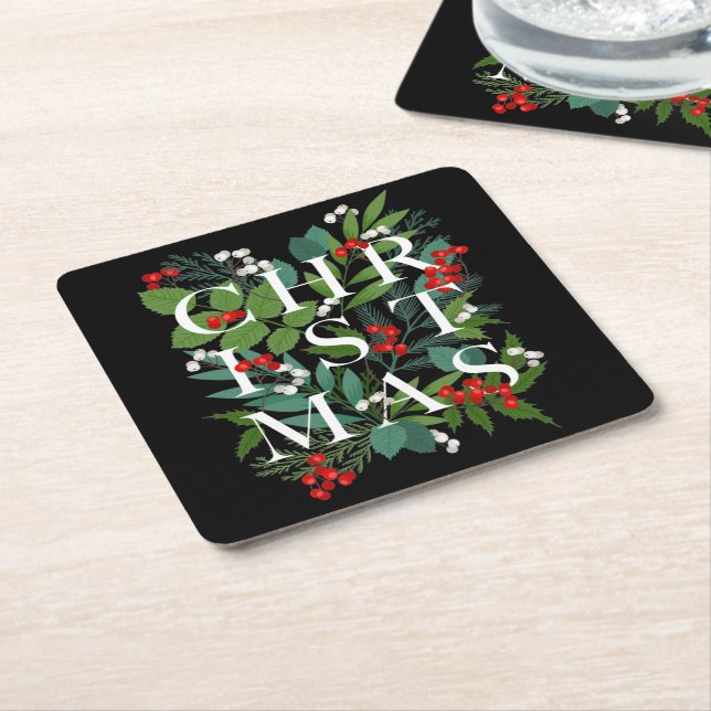 CHRISTMAS Berries Greenery Holiday Black Square Paper Coaster (Angled)