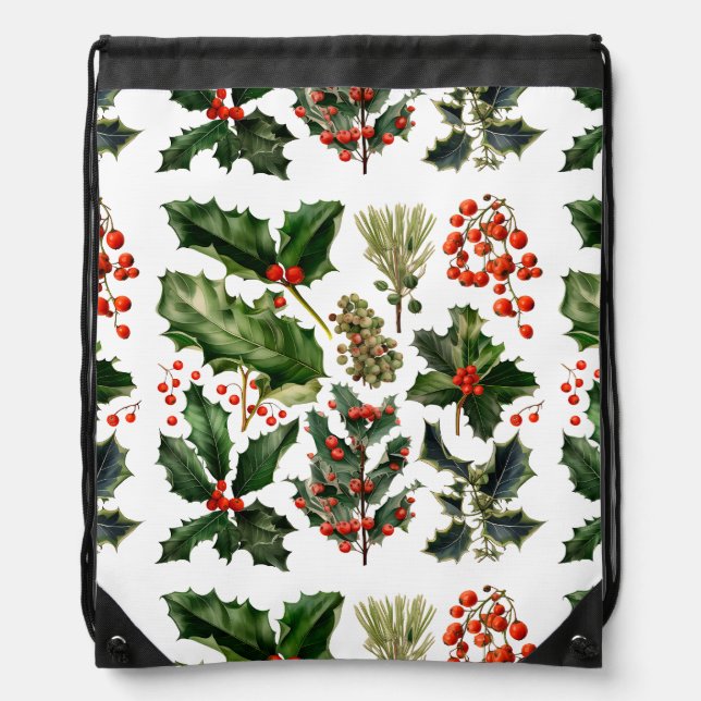 Christmas Berries Holly Leaves. Christmas Berries Drawstring Bag (Front)
