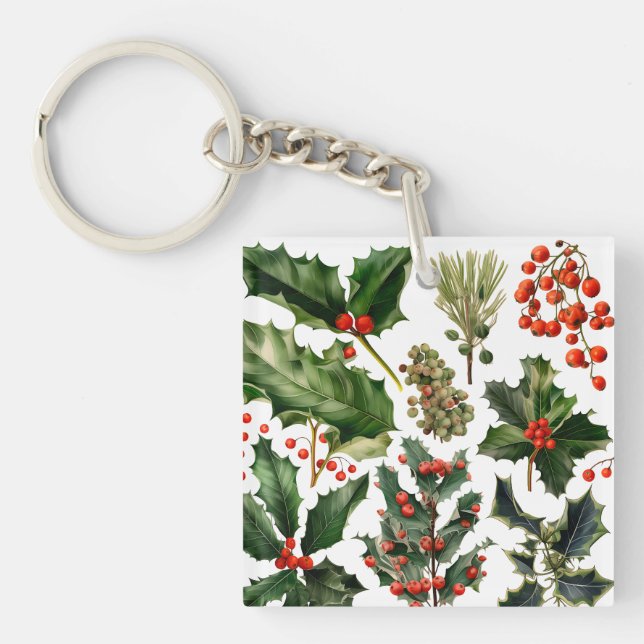Christmas Berries Holly Leaves. Christmas Berries Keychain (Front)