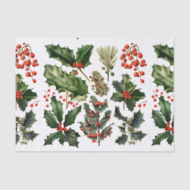 Christmas Berries Holly Leaves. Christmas Berries Tissue Paper (Front)