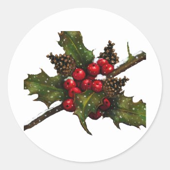 Christmas: Berries  Holly  Pine Cones: Art Classic Round Sticker by joyart at Zazzle