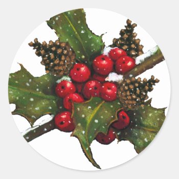 Christmas: Berries  Holly  Pine Cones: Art Classic Round Sticker by joyart at Zazzle