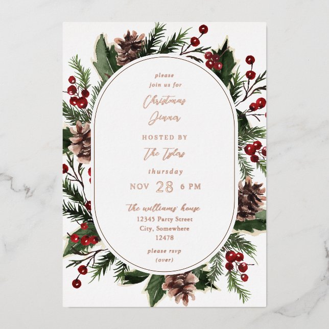 Christmas Berries & Pine Christmas Dinner or Party Foil Invitation (Front)