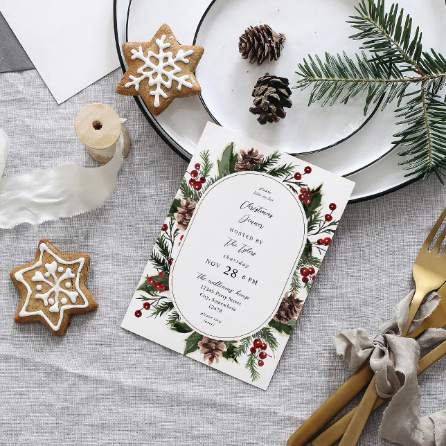 Christmas Berries & Pine Christmas Dinner or Party Invitation | Zazzle