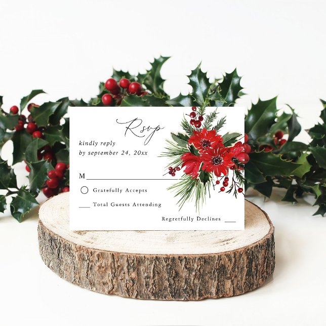 Christmas Berries & Pine Red Floral4B no Meal RSVP Card (Creator Uploaded)